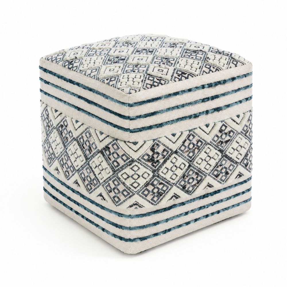 Pouf carré en tissu jacquard Bleu/Blanc