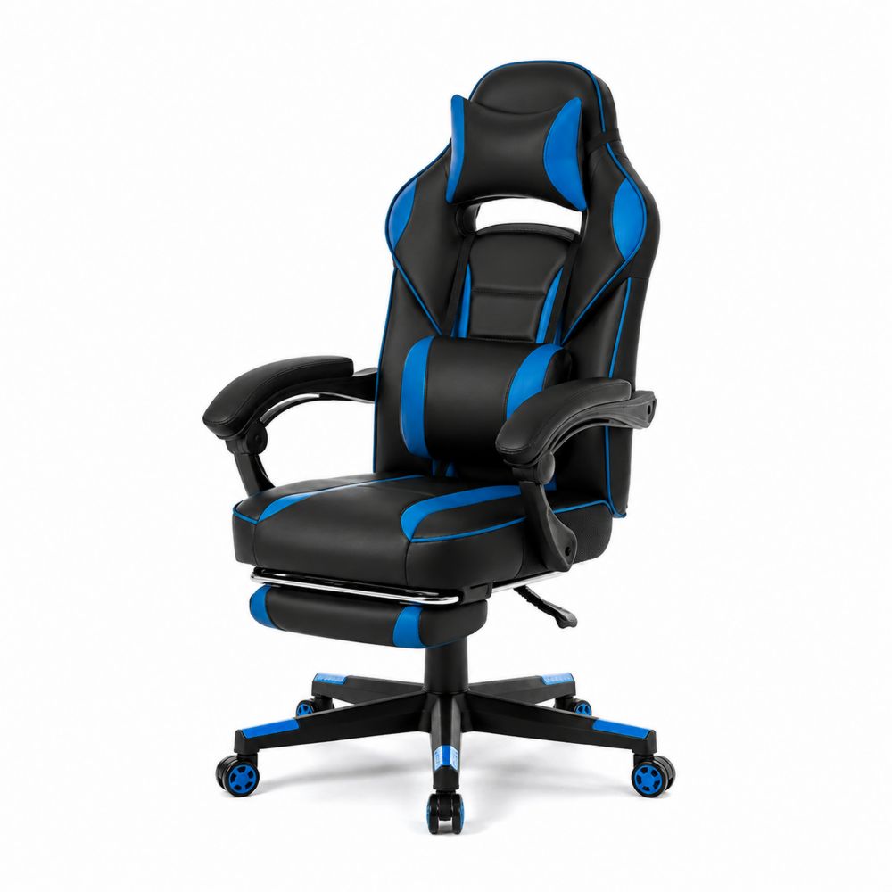Chaise de jeu en cuir PU noir et bleu avec repose-pied