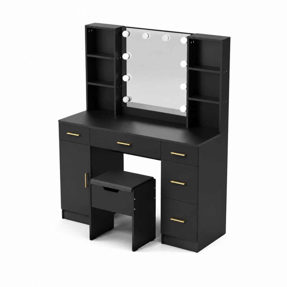 Coiffeuse en bois MDF avec miroir éclairé et tabouret, 120x40x145 cm