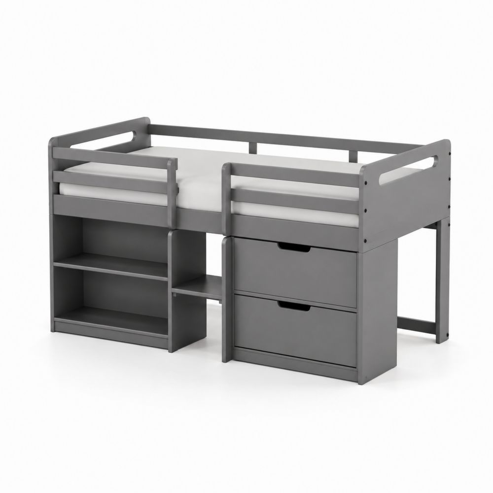 Lit mezzanine enfant en bois MDF avec rangement 200x90 cm - Gris
