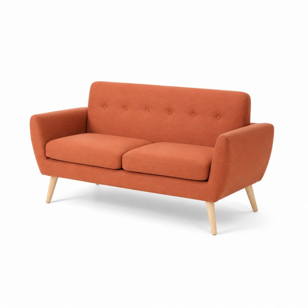 Canapé 2 places en tissu orange avec pieds en bois, 150 cm