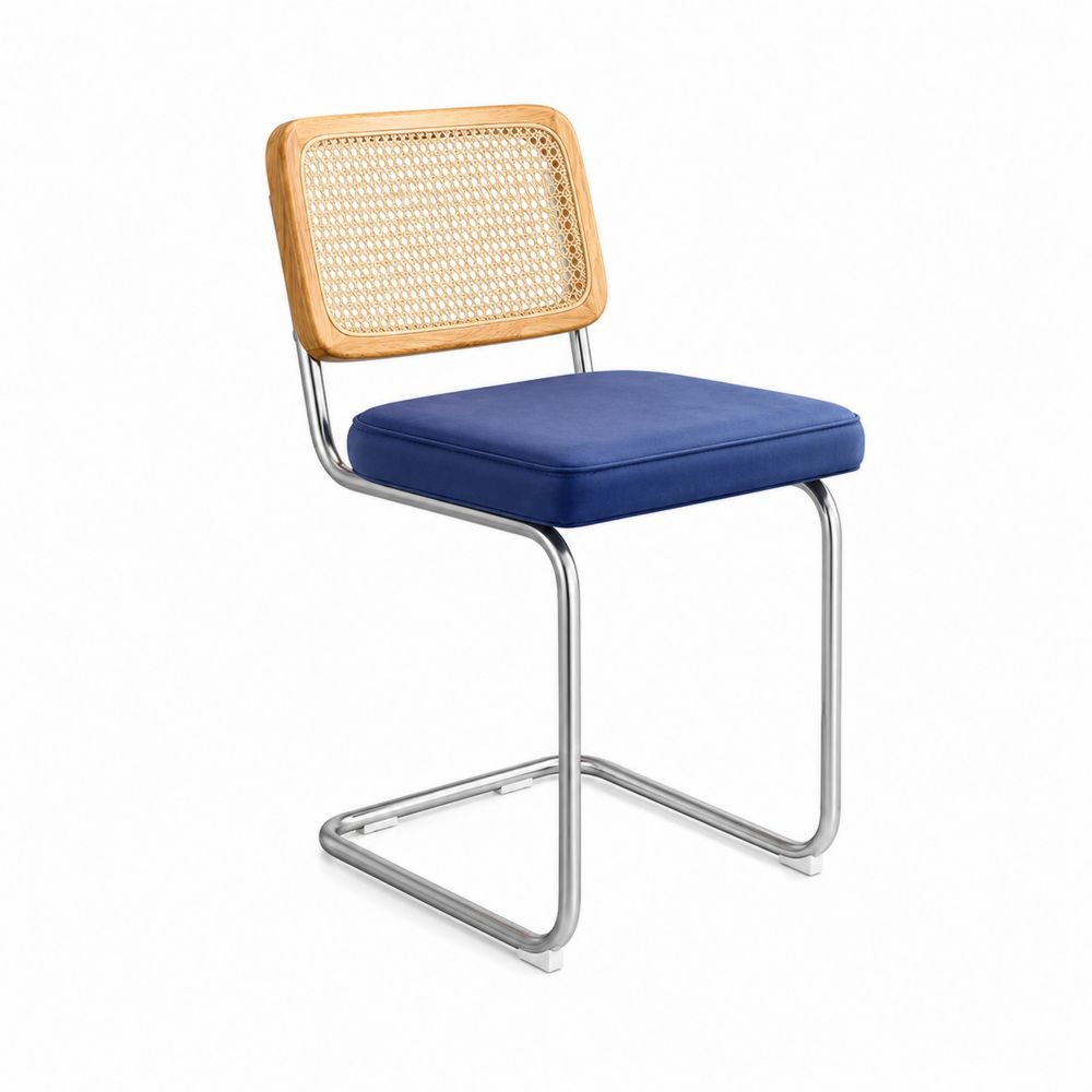 Chaise en métal avec dossier en rotin et assise en polyester bleu