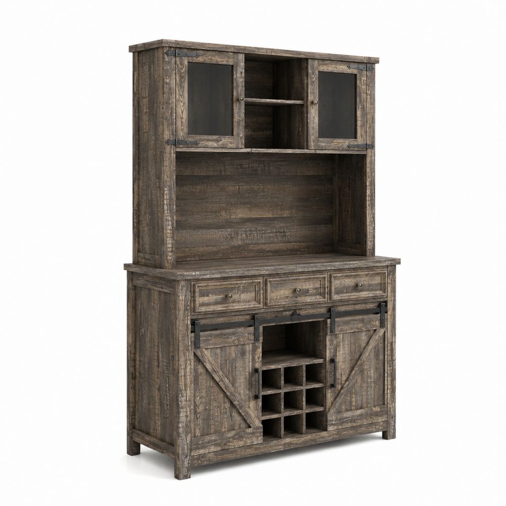 Buffet en bois avec étagères et porte-bouteilles, marron