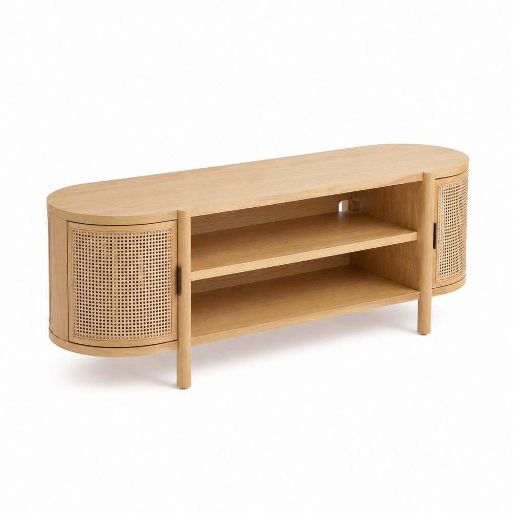 Meuble TV en bois avec portes en rotin et étagères