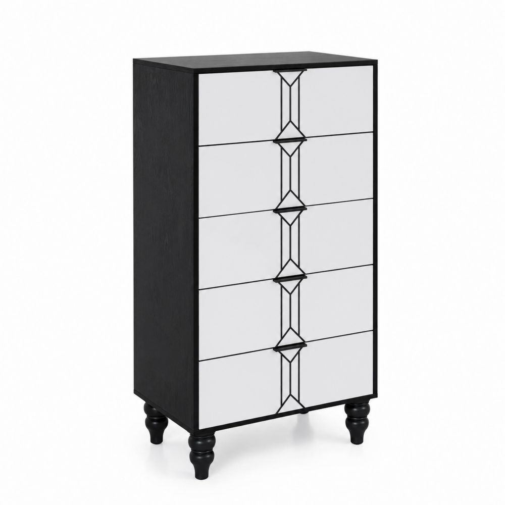 Commode haute 5 tiroirs MDF Blanc/Noir 120x50x40cm