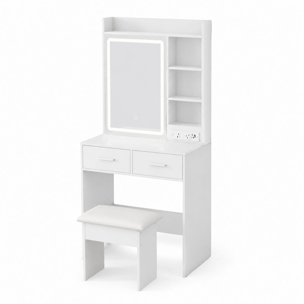 Coiffeuse en Bois Blanc avec Miroir LED et Tabouret