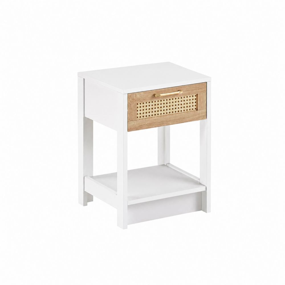 Table de chevet en bois avec tiroir en rotin