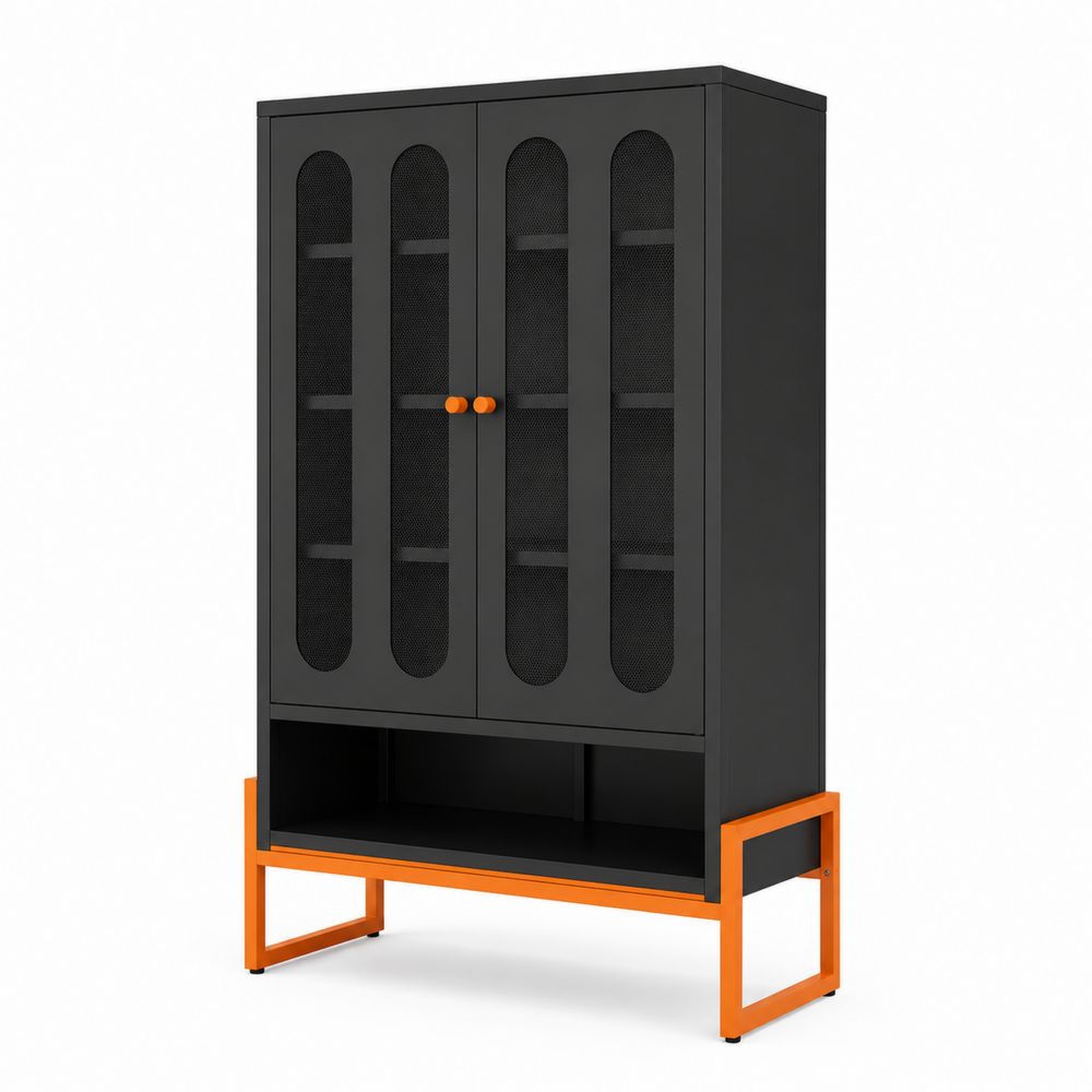 Buffet en métal noir avec base orange et portes grillagées