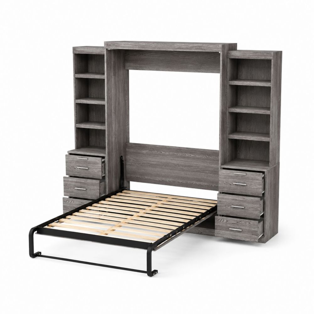 Lit escamotable avec étagères et tiroirs en bois et métal gris