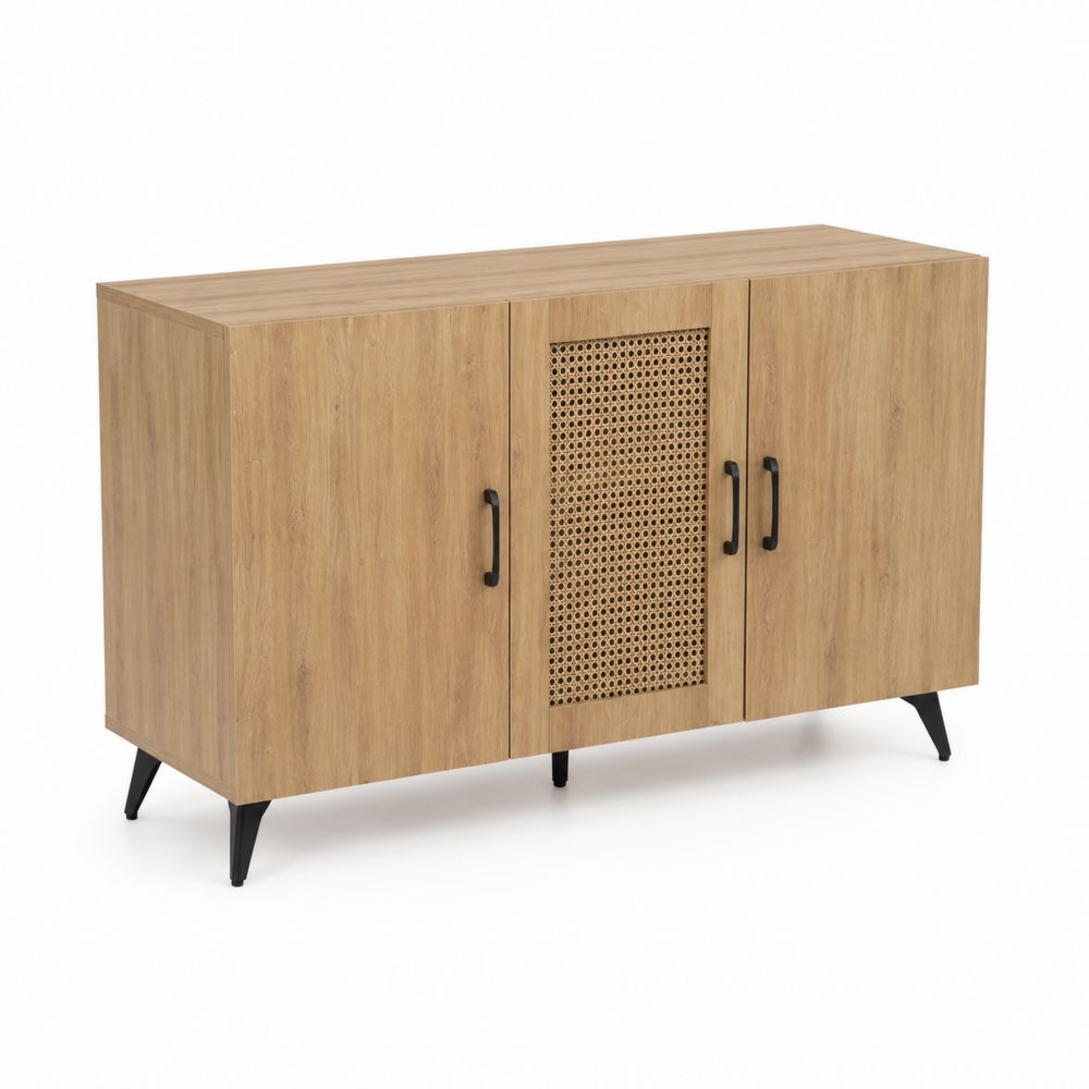 Buffet en bois MDF chêne avec portes rotin et métal noir