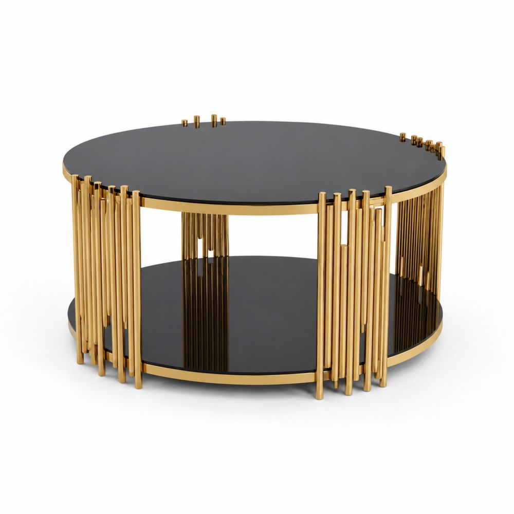 Table basse ronde en verre trempé noir et métal doré 90 cm