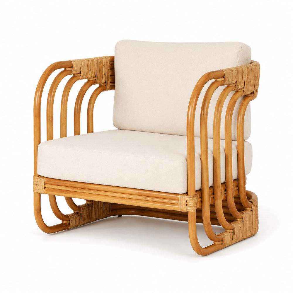 Fauteuil en rotin avec coussins en tissu Beige