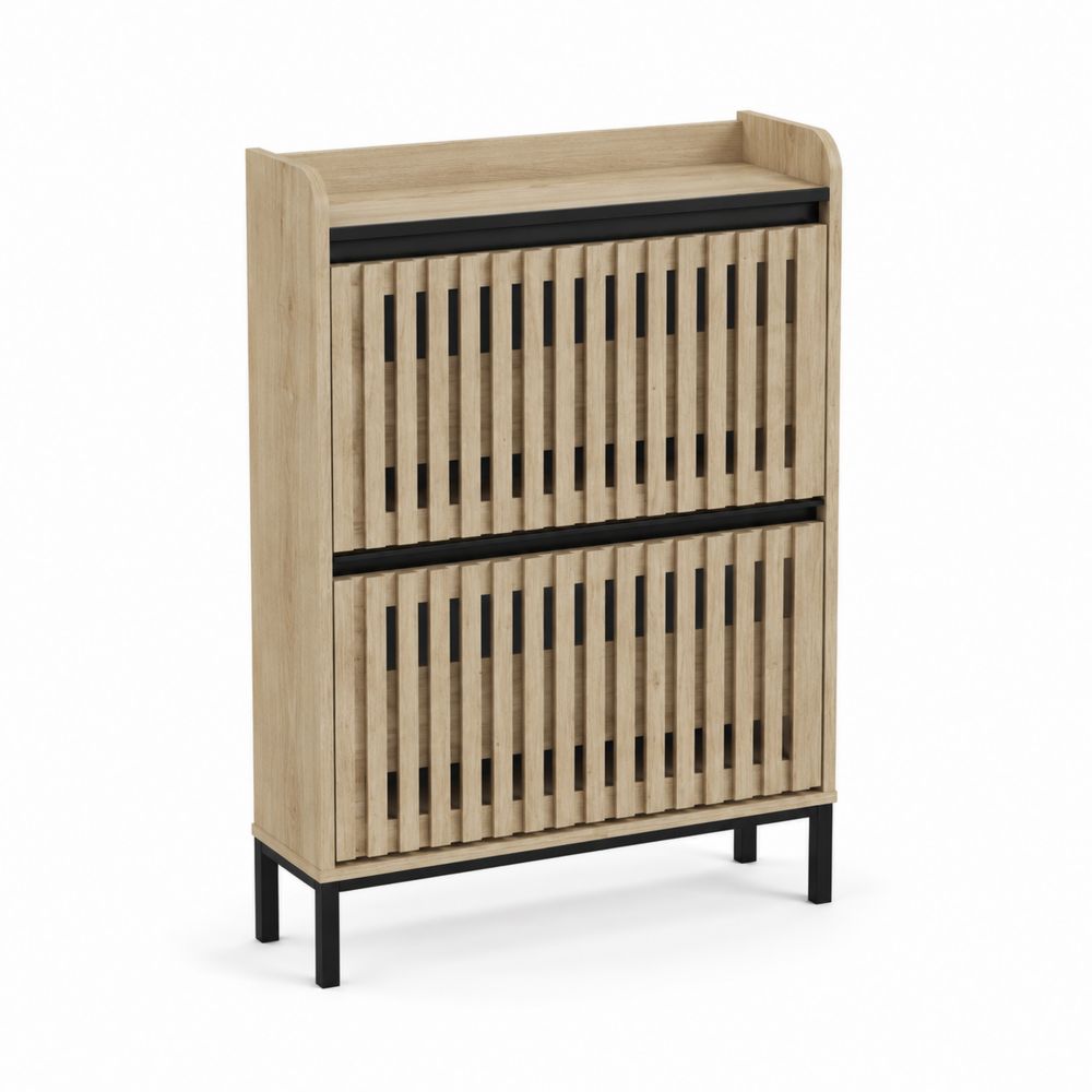 Meuble à chaussures en bois avec lamelles en métal noir, 105 cm x 70 cm x 25 cm