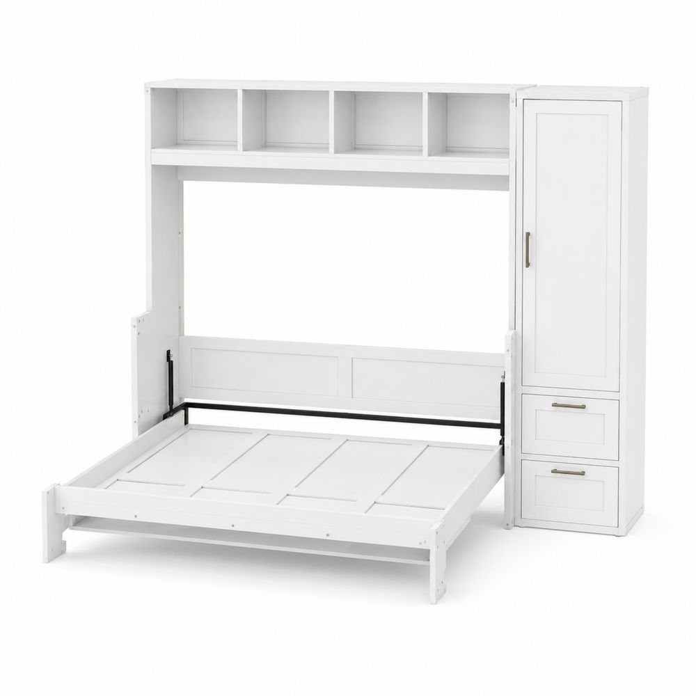 Lit escamotable en bois avec étagères et armoire intégrée Blanc