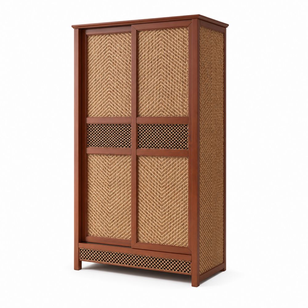 Armoire en bois avec portes en rotin naturel 180cm x 100cm x 50cm