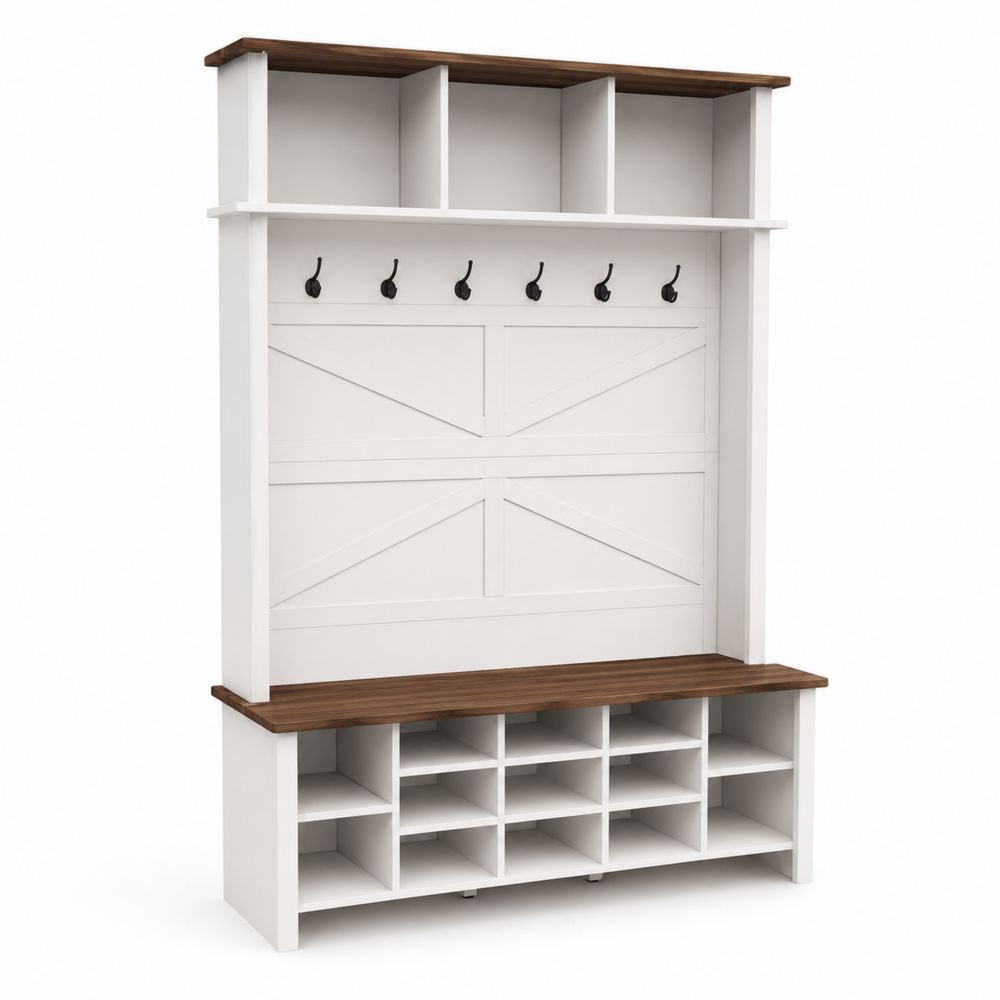 Ensemble porte-manteau bois avec étagère et rangement chaussures Blanc/Marron