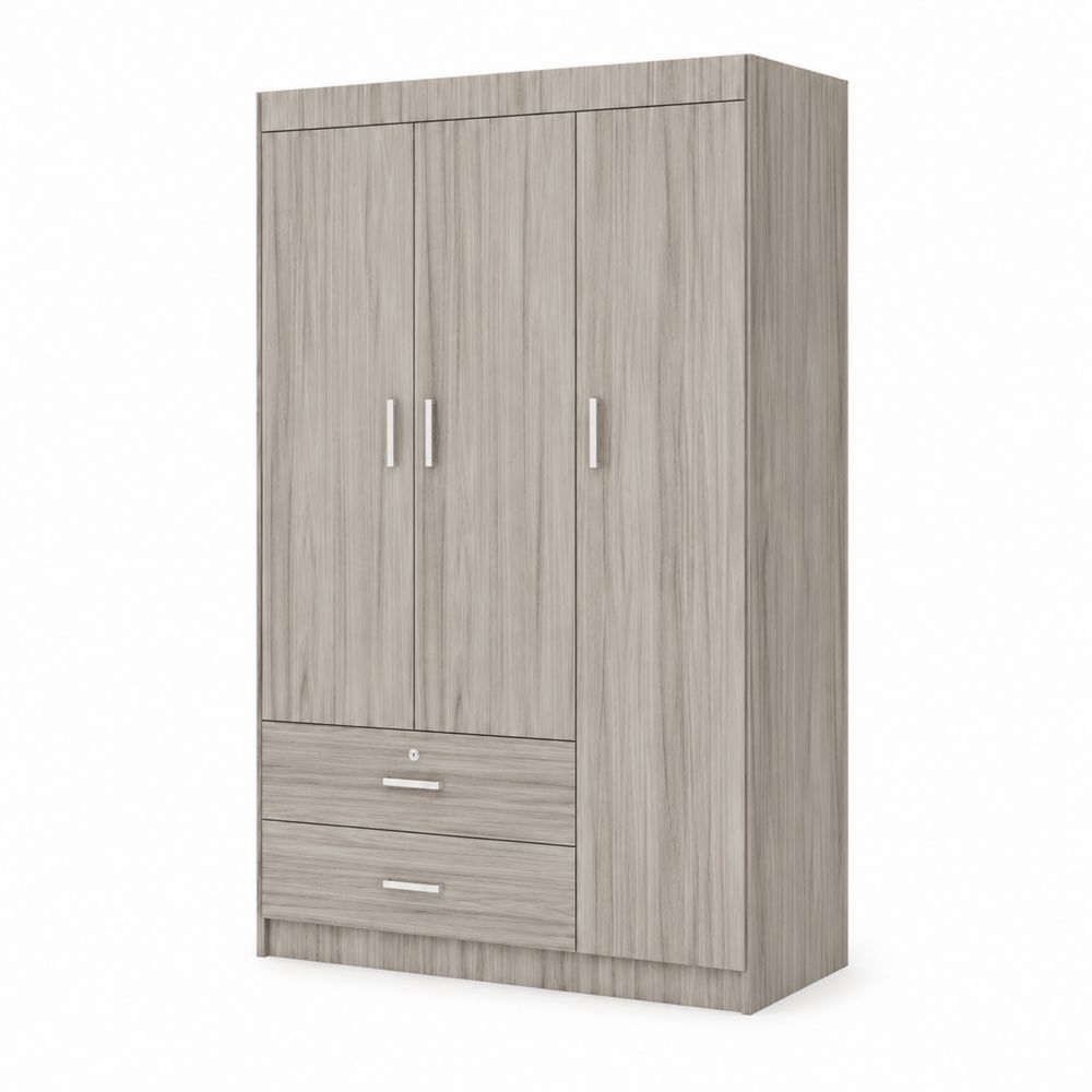 Armoire en Bois Gris avec Trois Portes et Tiroirs