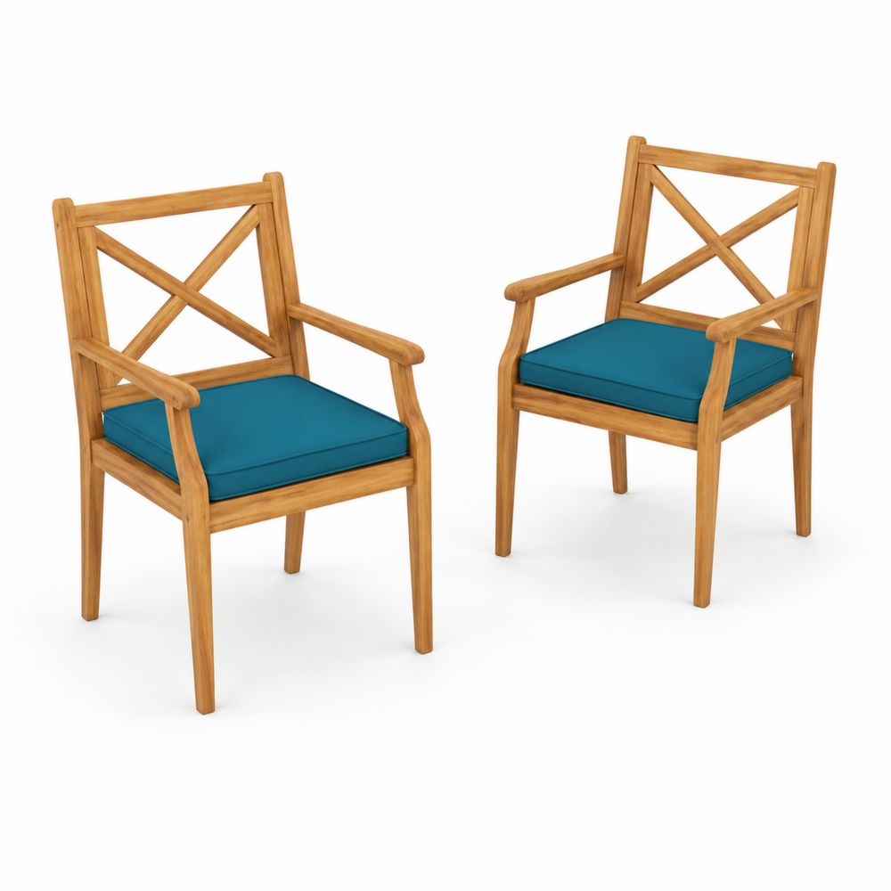 Lot de 2 chaises en bois d'acacia avec coussins bleus