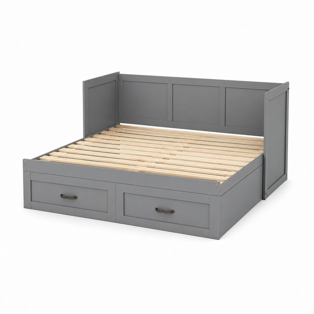 Lit en bois MDF avec rangements et lattes de pin, gris 200x140 cm-Homarven