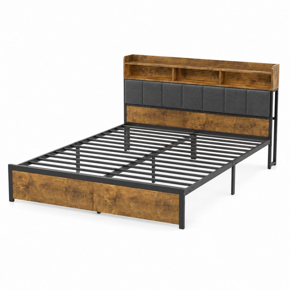 Lit double en métal et bois avec étagères intégrées 140x200 cm Marron Gris-Homarven