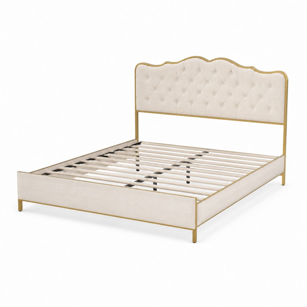 Lit double en métal et tissu lin avec tête de lit capitonnée 200x160 cm Beige-Homarven