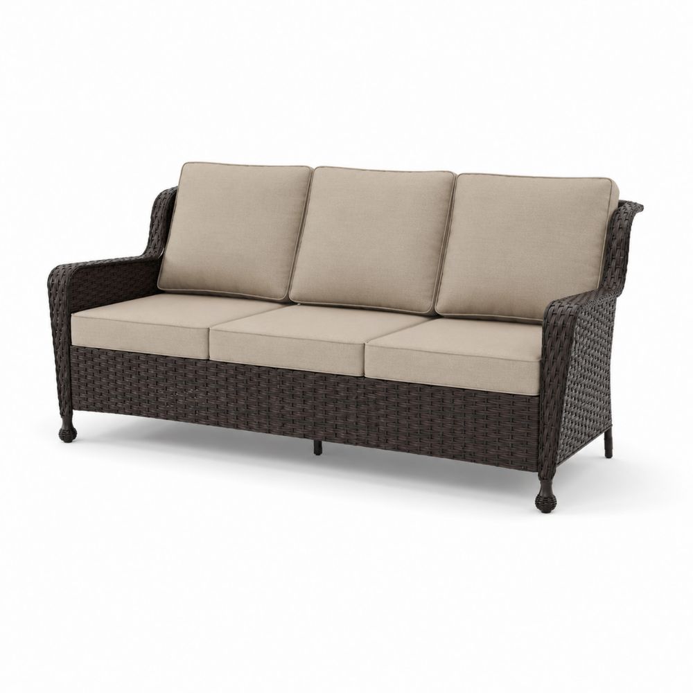 Canapé 3 places en rotin avec coussins en tissu beige-Homarven