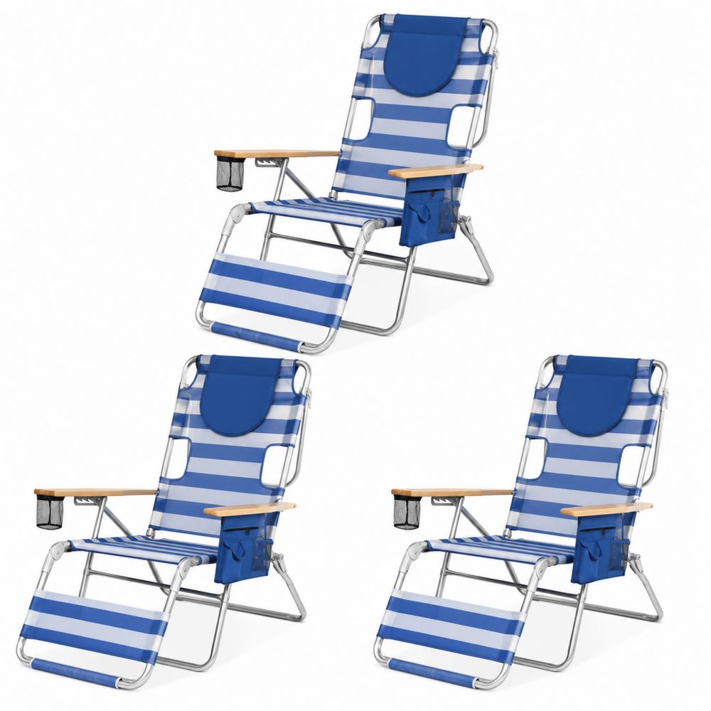Lot de 3 chaises de plage pliantes en aluminium et bois à rayures bleues et blanches-Homarven
