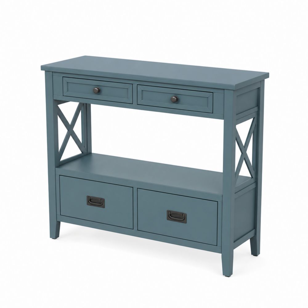 Console en bois de pin bleu avec tiroirs et étagère 100x30x80 cm-Homarven