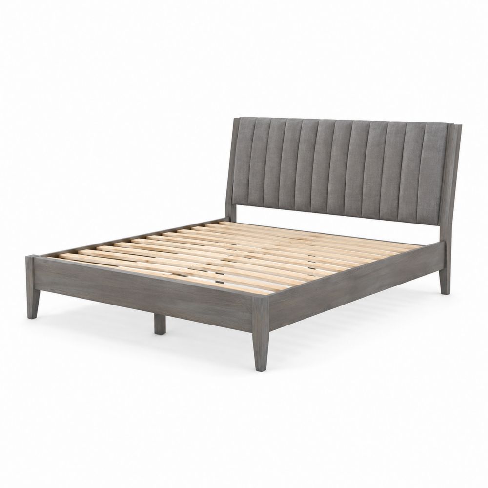 Lit double en bois avec tête de lit en tissu gris 200x160 cm-Homarven
