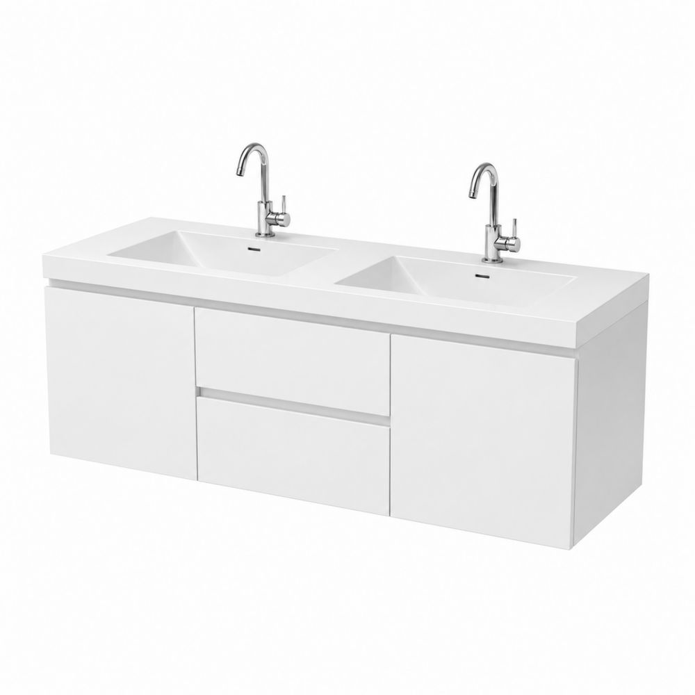 Meuble sous lavabo mural double vasque en MDF et acrylique blanc-Homarven