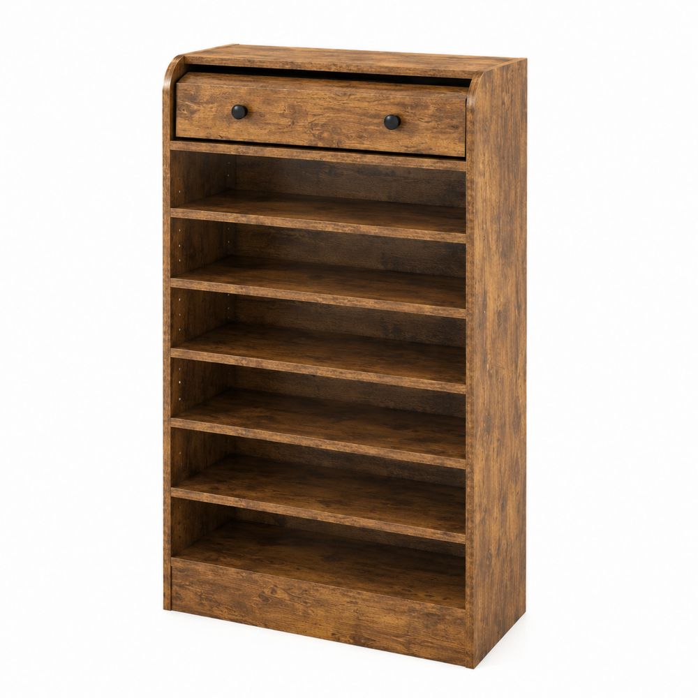 Meuble à chaussures en bois marron avec 6 étagères et 1 tiroir-Homarven