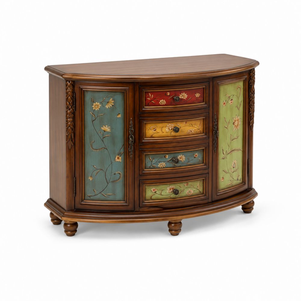 Buffet demi-cercle en bois massif peint à la main avec motifs floraux-Homarven