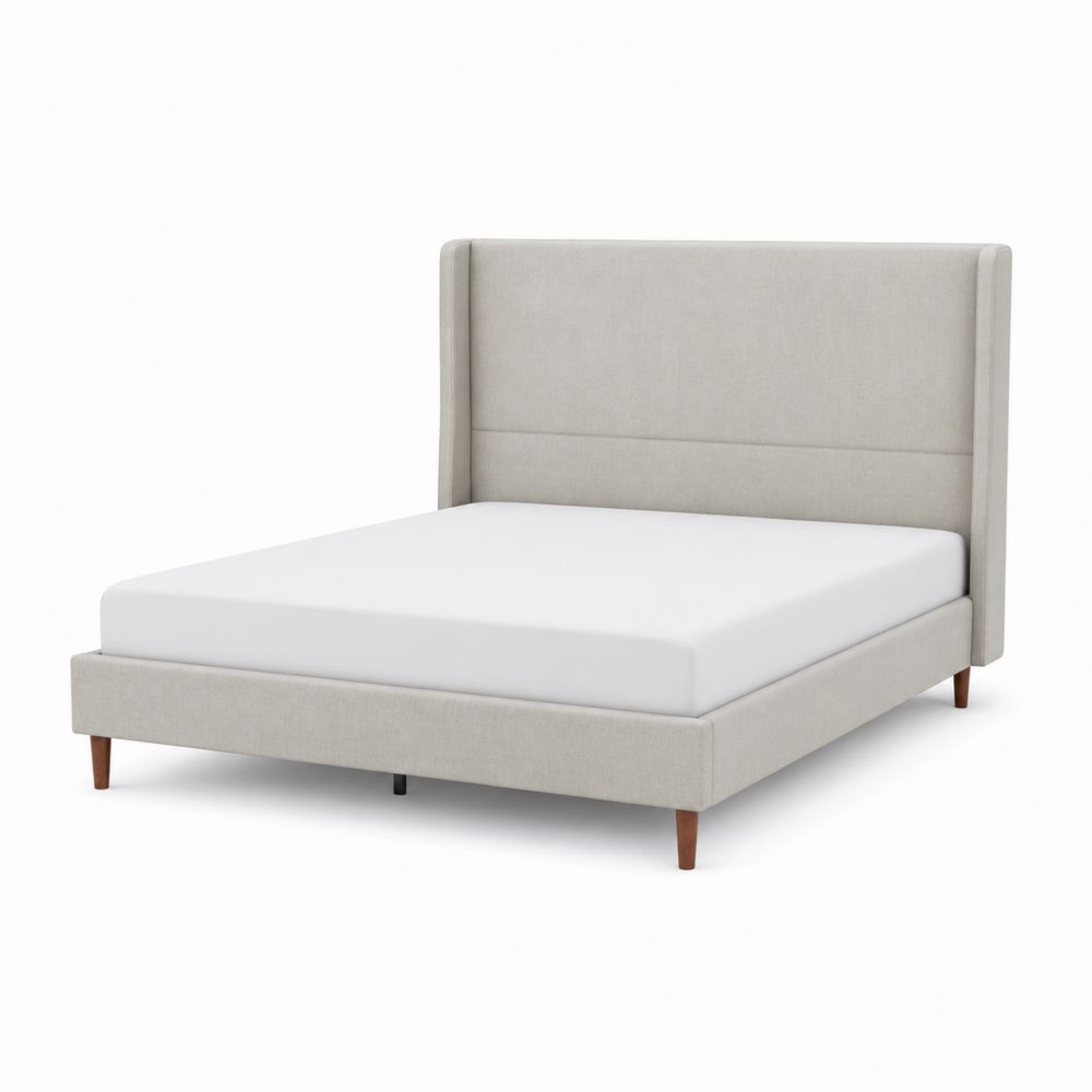 Lit double en tissu beige avec structure en bois massif-Homarven