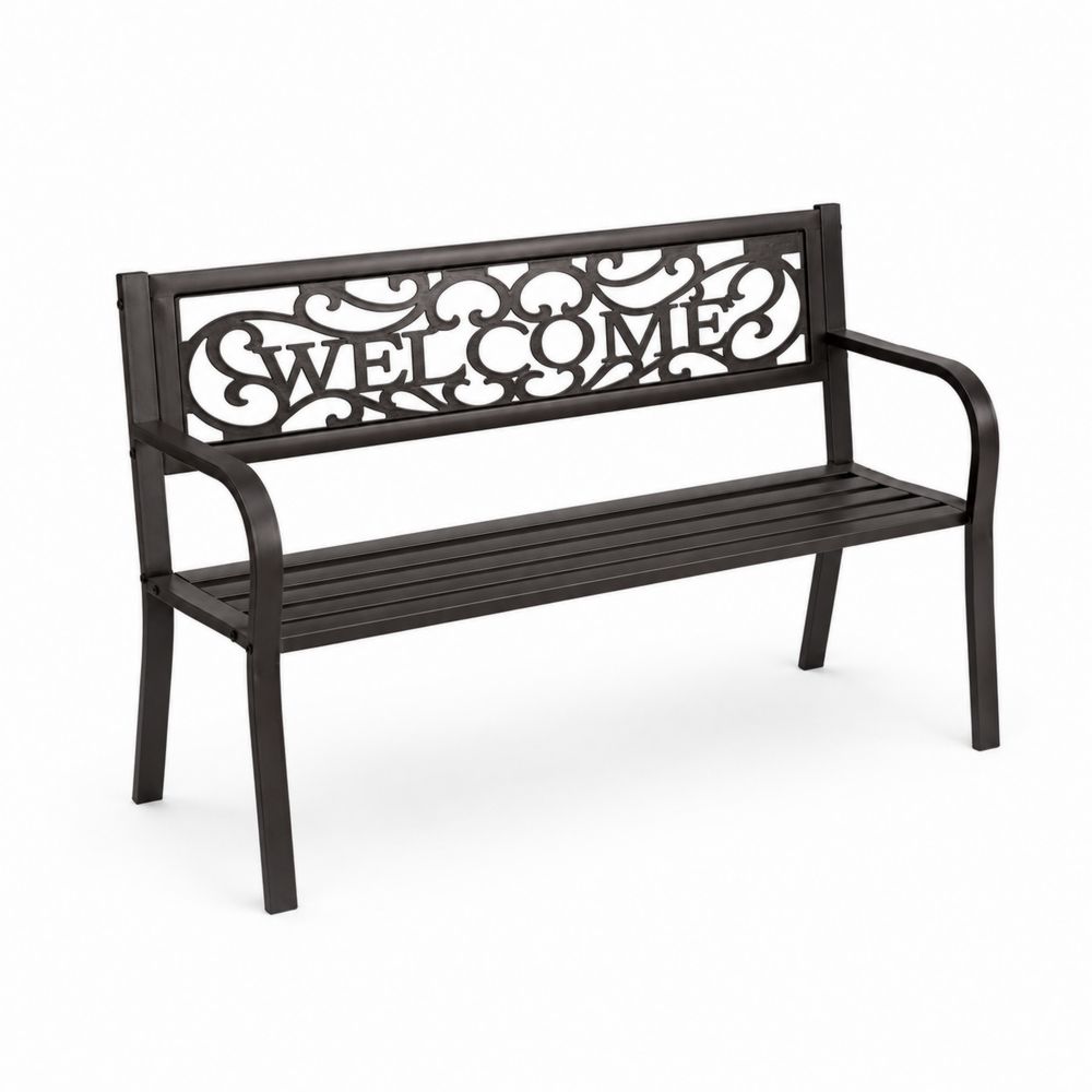 Banc extérieur en métal noir avec dossier décoratif en fonte-Homarven