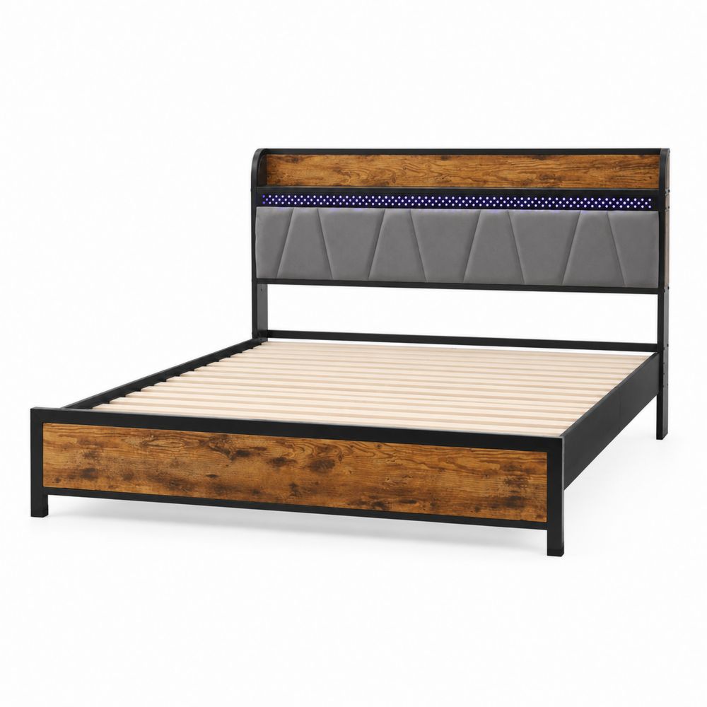 Lit double en métal et bois avec tête de lit textile gris-Homarven