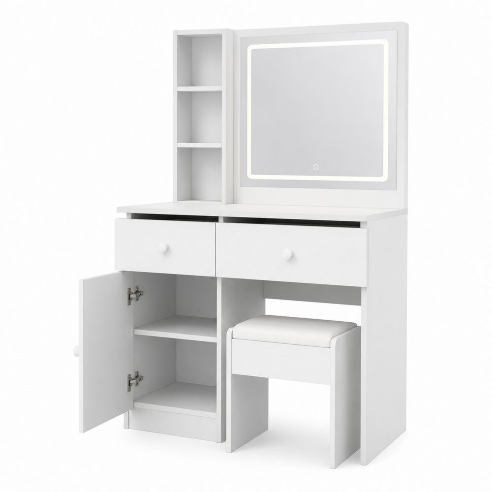 Coiffeuse en bois blanc avec miroir LED et tabouret-Homarven