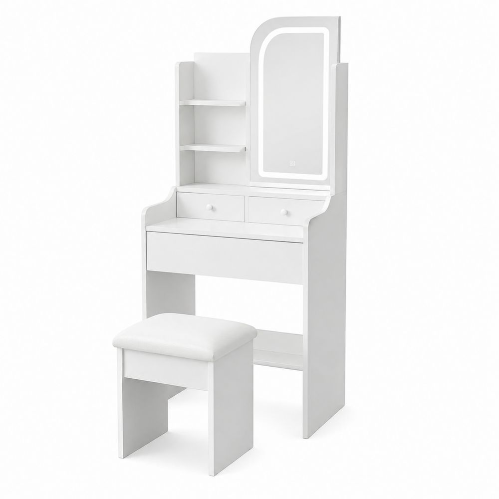 Coiffeuse avec miroir LED et tabouret, bois, Blanc-Homarven