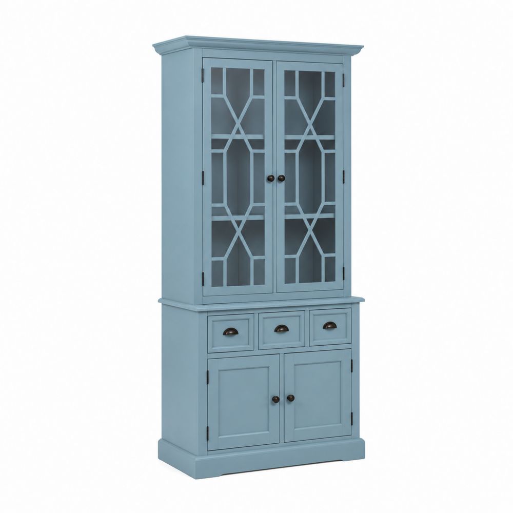 Buffet vaisselier en bois avec portes vitrées et tiroirs Bleu-Homarven