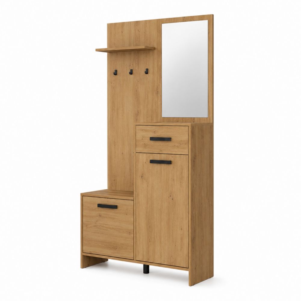 Portemanteau en bois avec miroir et rangements 180x90x35 cm Chêne-Homarven