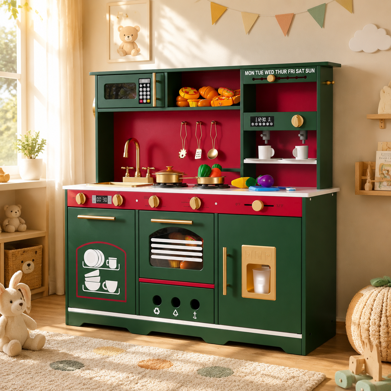 Guqiart Kids Kitchen Playset, Wooden Pretend Play Kitchen with Lights & Sounds, Toddler Cooking Toy with Sink, Stove, Microwave & 24 Accessories, Interactive Play Kitchen Set for Ages 3+