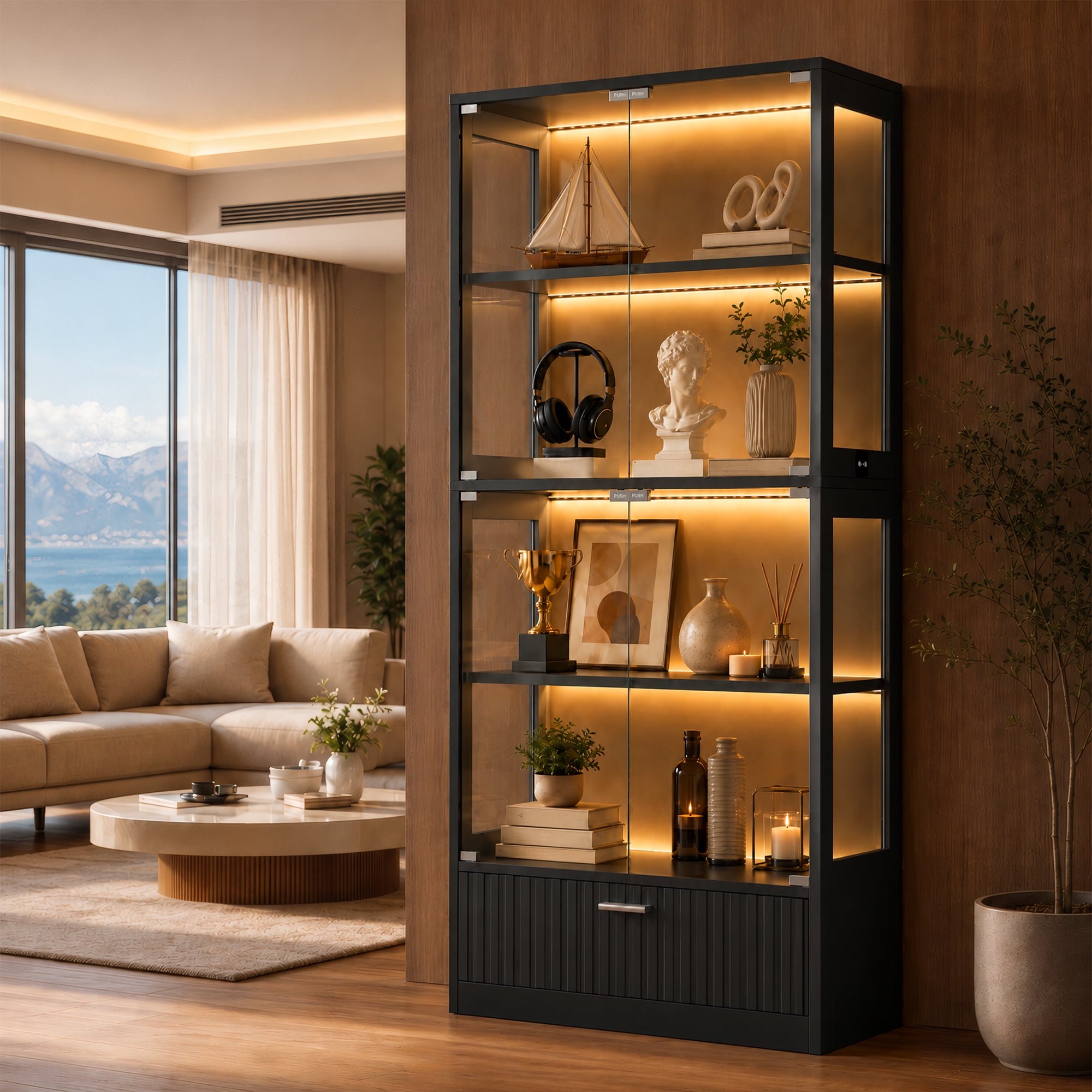 Guqiart Display Cabinet with Glass Doors, 4-Tier Curio Cabinet with Drawer, 7RGB Color LED Lights & Motion Sensor, Storage Display Case for Collectibles