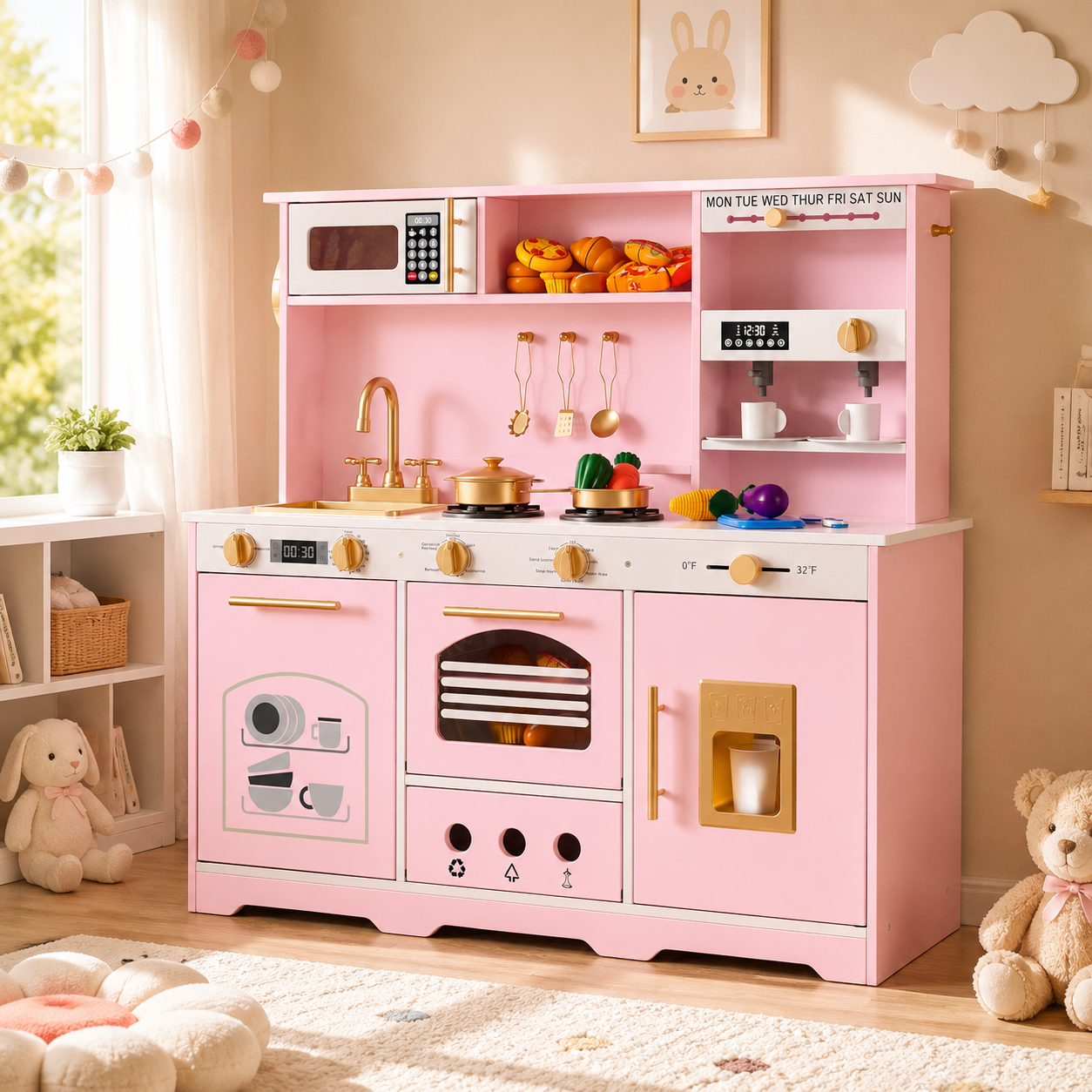 Guqiart Kids Kitchen Playset, Wooden Pretend Play Kitchen with Lights & Sounds, Toddler Cooking Toy with Sink, Stove, Microwave & 24 Accessories, Interactive Play Kitchen Set for Ages 3+