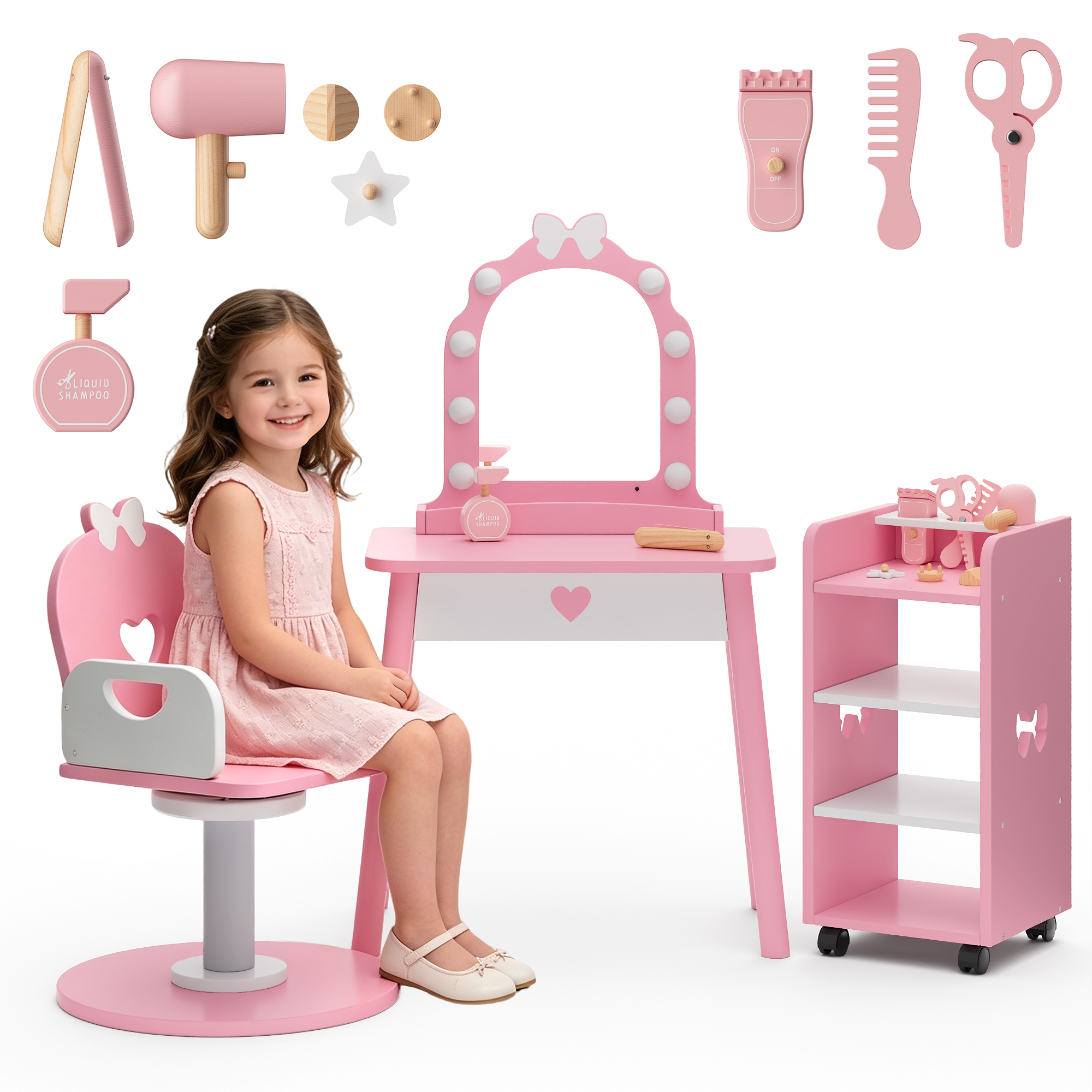Guqiart Girls Pretend Vanity Set, Pink Makeup Dressing Table with Light, Barber Chair, Storage Shelf and 7 Pcs Hair Salon Play Accessories