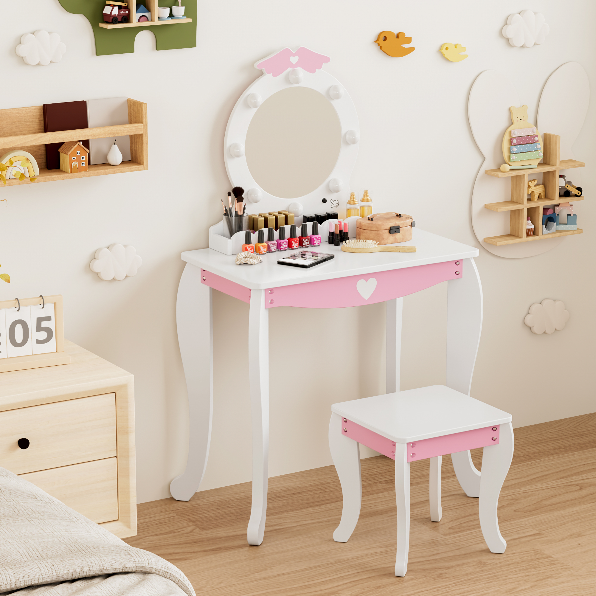Kids Vanity Set with Lighted Mirror and Stool, Kids Make Up Vanity Desk with Storage Space