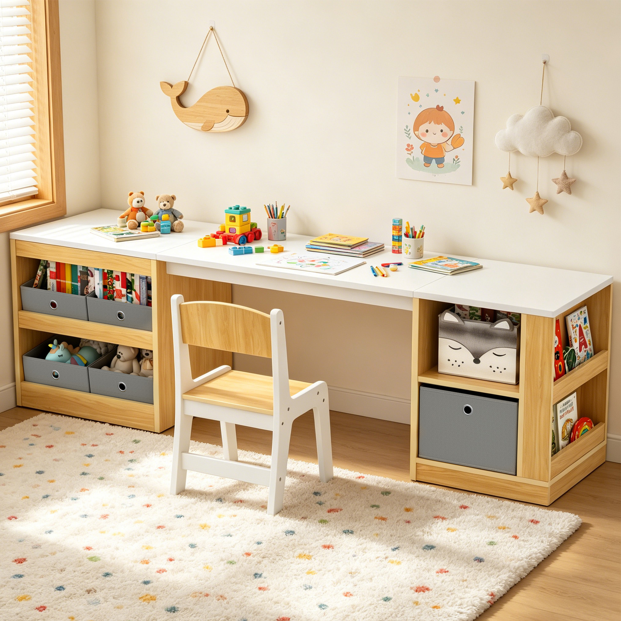 Guqiart Double Kids Desk and Chair Set, 82.7 Inch Wooden 2 Person Study Table with Storage Shelves, 5 Fabric Storage Bins & Side Book Rack, Large Toddler Craft Activity Desk for Bedroom Playroom