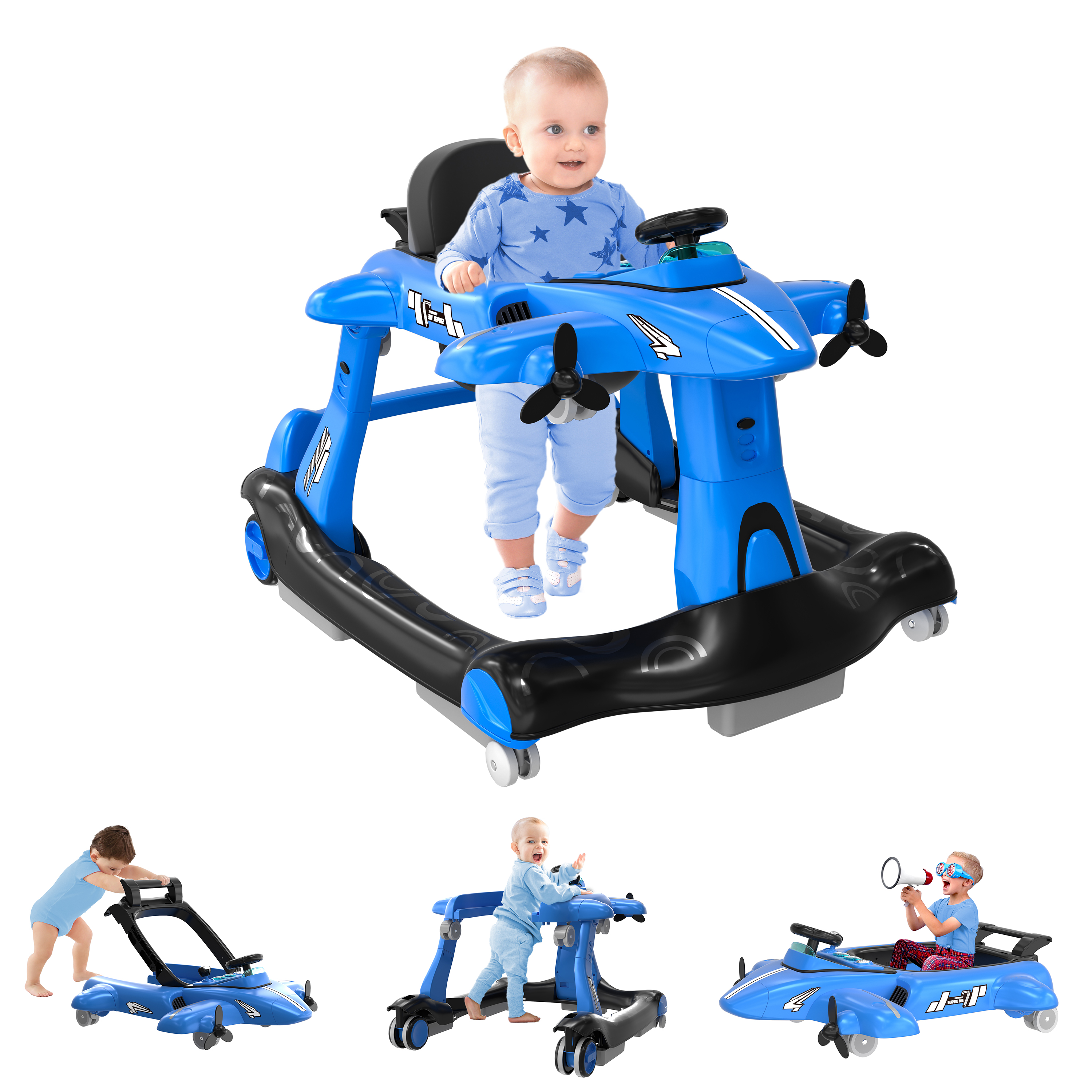 Guqiart 6-in-1 Baby Activity Walker with Wheels, Adjustable Height & Speed, Foldable Padded Seat Push Walker with Music & Lights for Boys Girls 6–18 Months