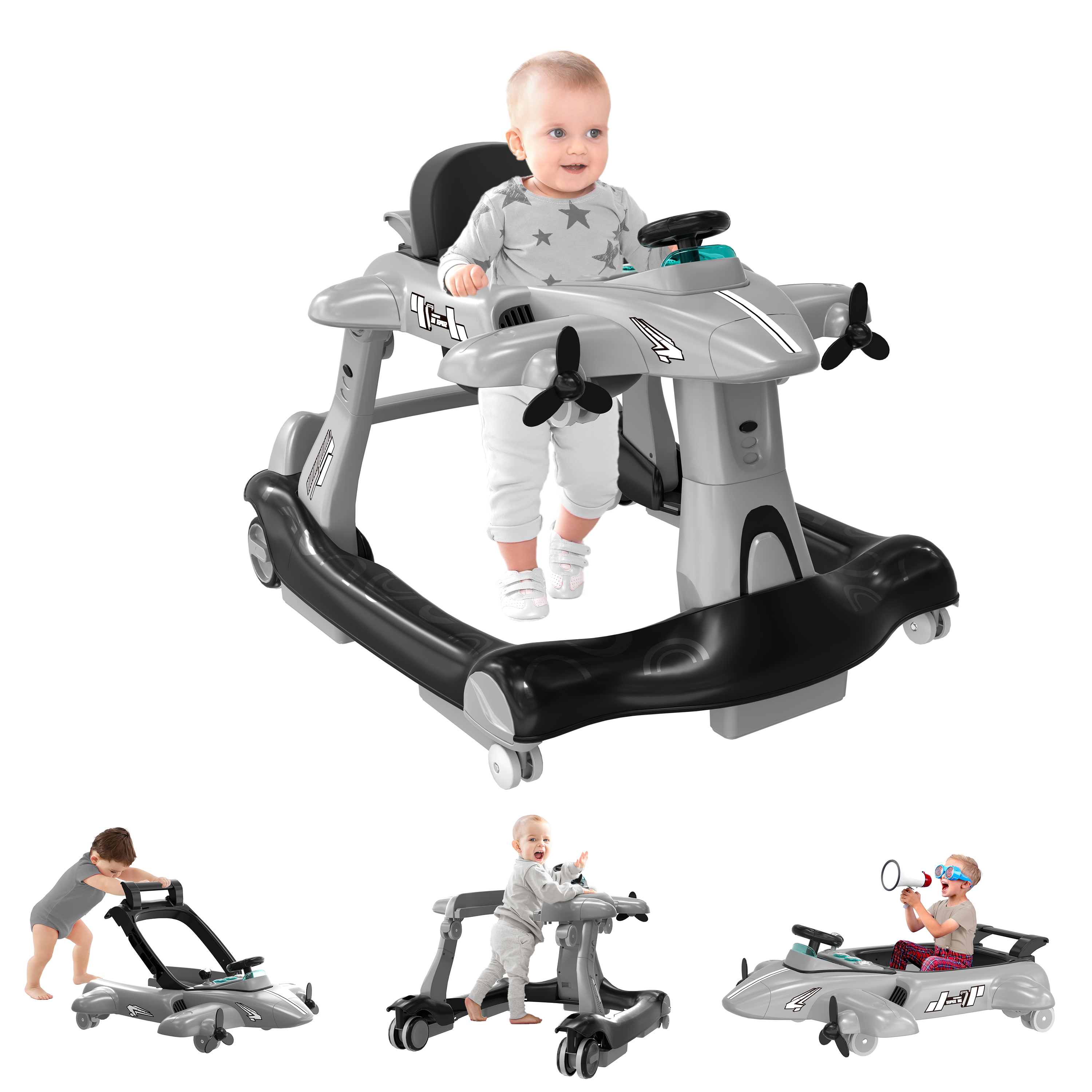 Guqiart 6-in-1 Baby Activity Walker with Wheels, Adjustable Height & Speed, Foldable Padded Seat Push Walker with Music & Lights for Boys Girls 6–18 Months