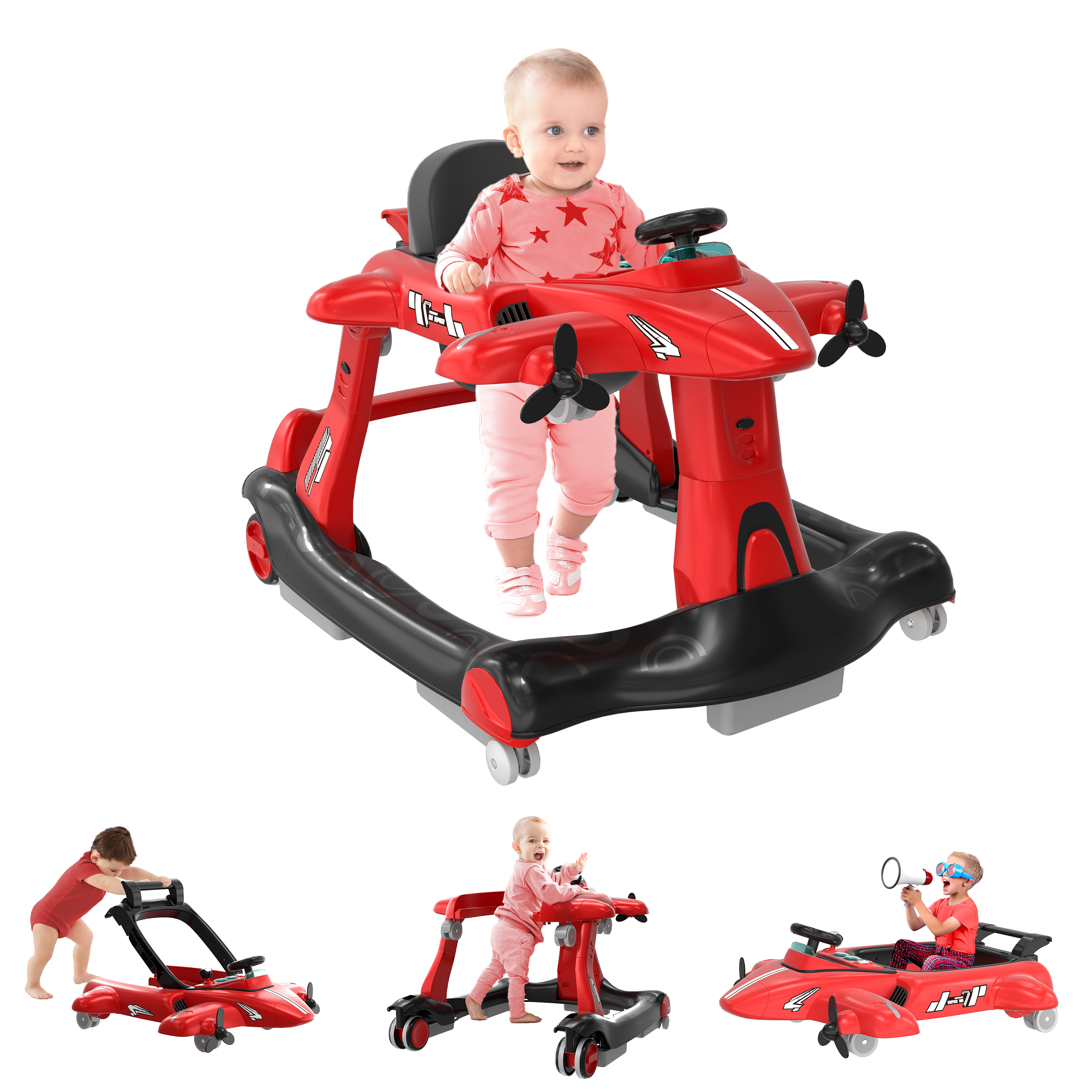 Guqiart 6-in-1 Baby Activity Walker with Wheels, Adjustable Height & Speed, Foldable Padded Seat Push Walker with Music & Lights for Boys Girls 6–18 Months
