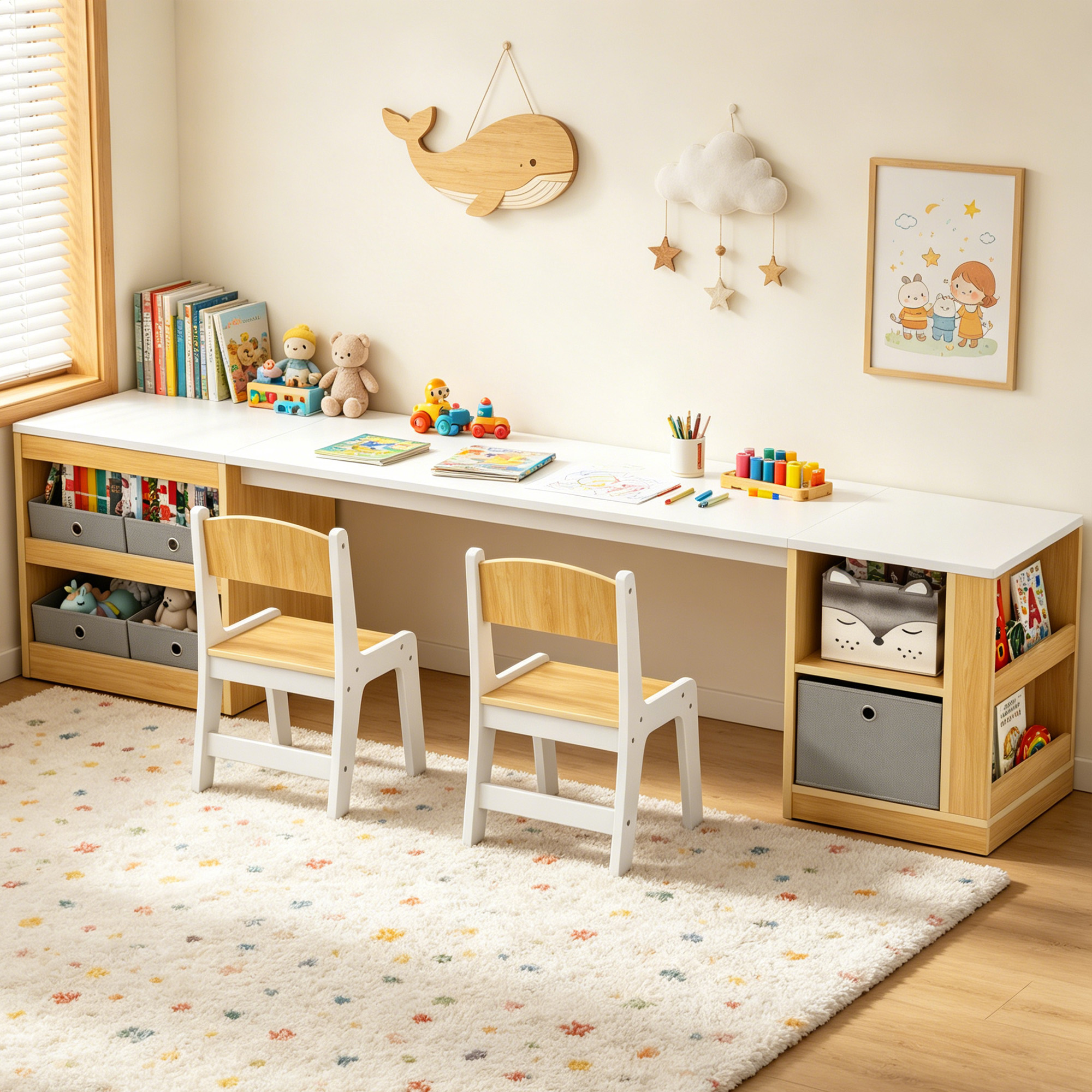 Guqiart Double Kids Desk and Chair Set, 82.7 Inch Wooden 2 Person Study Table with Storage Shelves, 5 Fabric Storage Bins & Side Book Rack, Large Toddler Craft Activity Desk for Bedroom Playroom