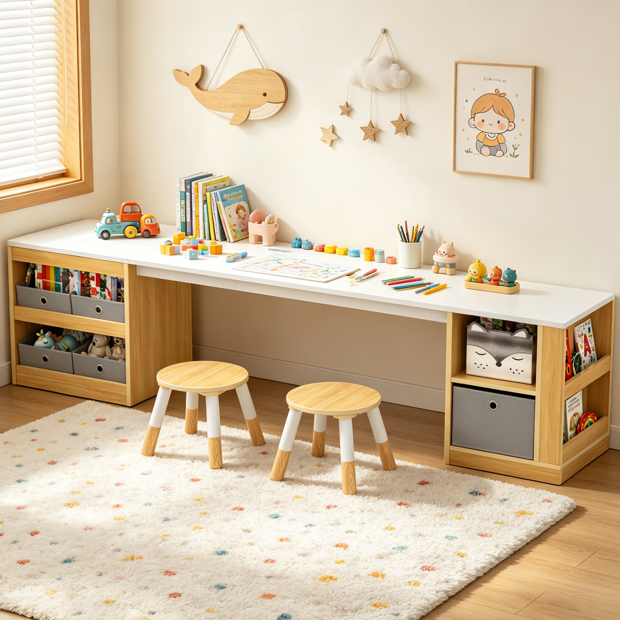 Guqiart Double Kids Wooden Study Desk and Chair Set for Two Children, 82.7" Long Craft Table with Storage Shelves, Fabric Bins and Side Book Rack